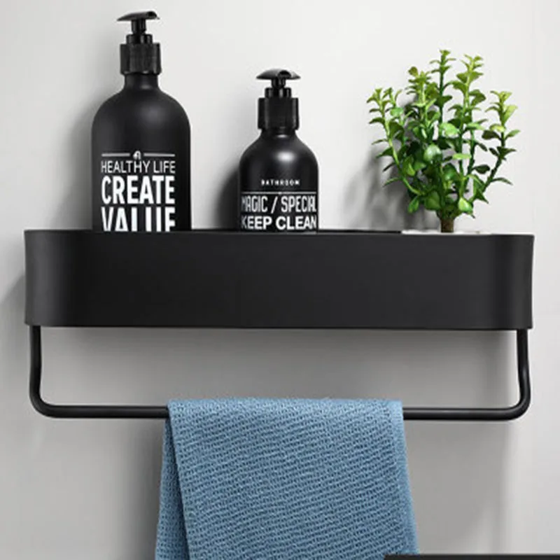 

Space aluminum Black Bathroom Shelves Kitchen Wall Shelf Shower Storage Rack Towel Bar Bathroom Accessories 30-50 cm Length