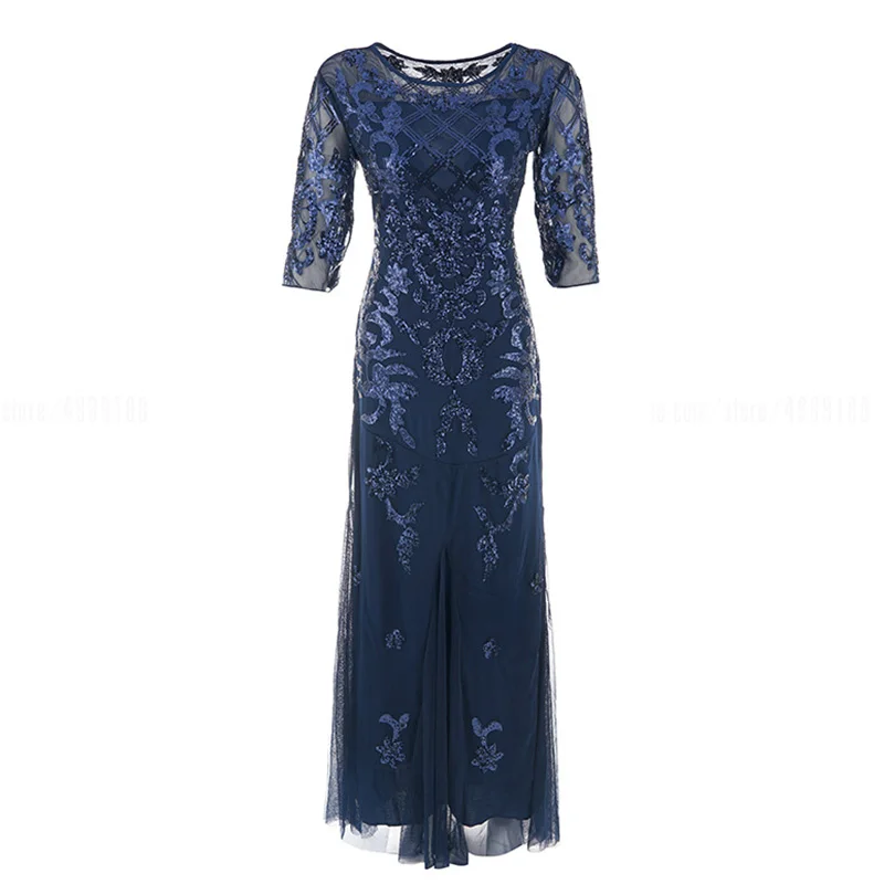 Винтажные 1920s Great Gatsby Длинные вечерние платья 2/3 рукав блесток бисером Хлопушка Коктейльные Вечерние размера плюс формальное платье - Цвет: blue dress