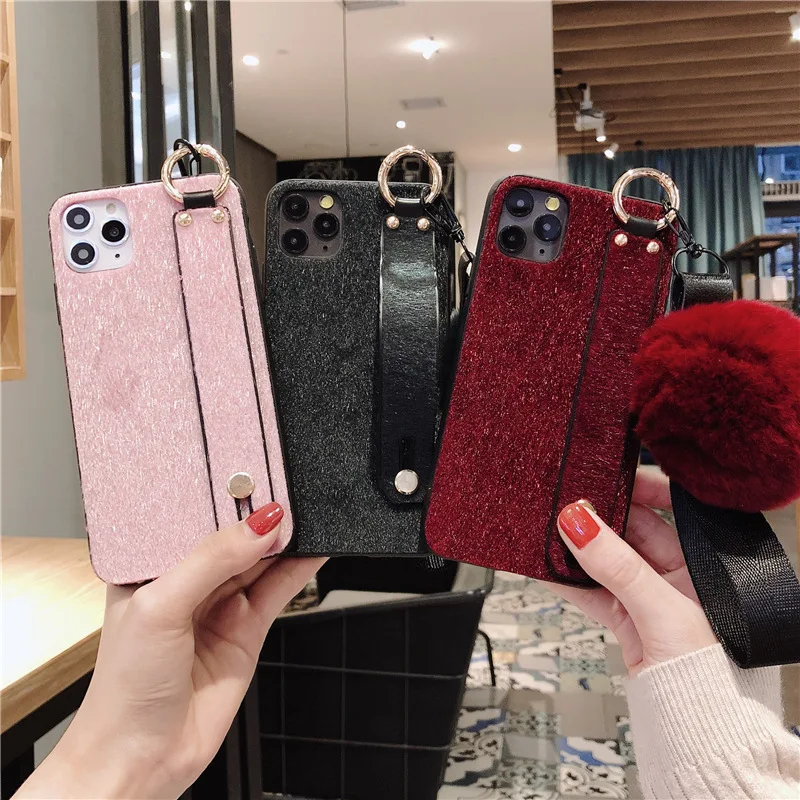 

Phone Case With Wrist Strap with Pompon for iphone 7 8 plus Case for iphone X Xs max XR 11 Pro Vintage Phone Holder Back Cover