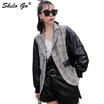 

Genuine Leather Jacket Highstreet Color Block Cut-and-Sew Plaid Longline Panel Blazer Women Autumn Casaul Print Back Outwear