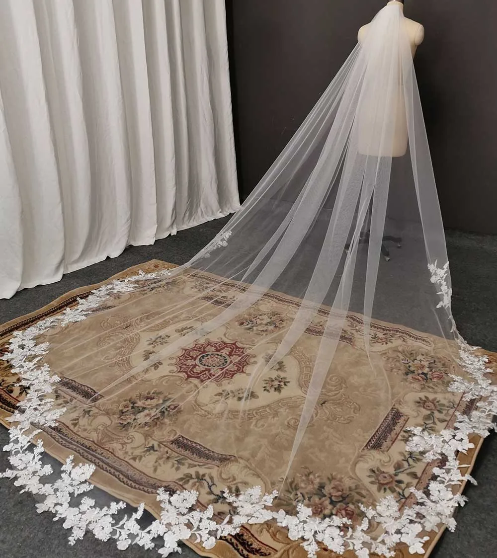 Customized Real Photos Scallop Lace Wedding Veil 3m/4m Bridal Veil with Comb One Layer Cathedral White Ivory Veil Accessories