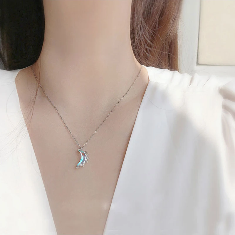 S925 Sterling Silver 3 Styles Crescent moon Full moon Half moon Necklace for Women Colorful Glazed stone Kolye Jewelry Pendant - Image 2