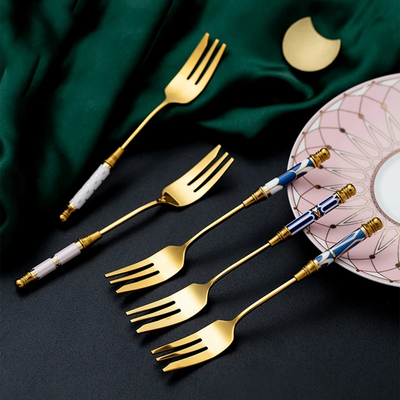 Vintage Stainless Steel Golden Cake Fork Dessert Fruit Fork Ceramic Long Handle for Pastry in Party Snail Forks Tab Fruit Fork Food Picks