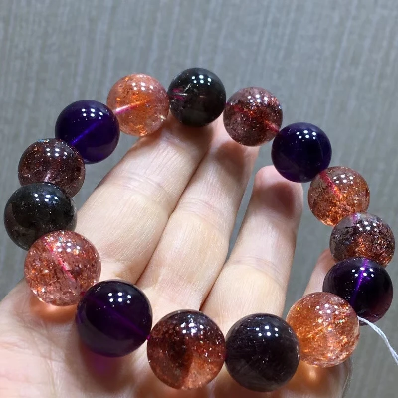 14mm Natural Super Seven 7 Red Lepidocrocite Clear Round Beads Crystal Stretch Bracelets For Women Men AAAAAAA Certificate