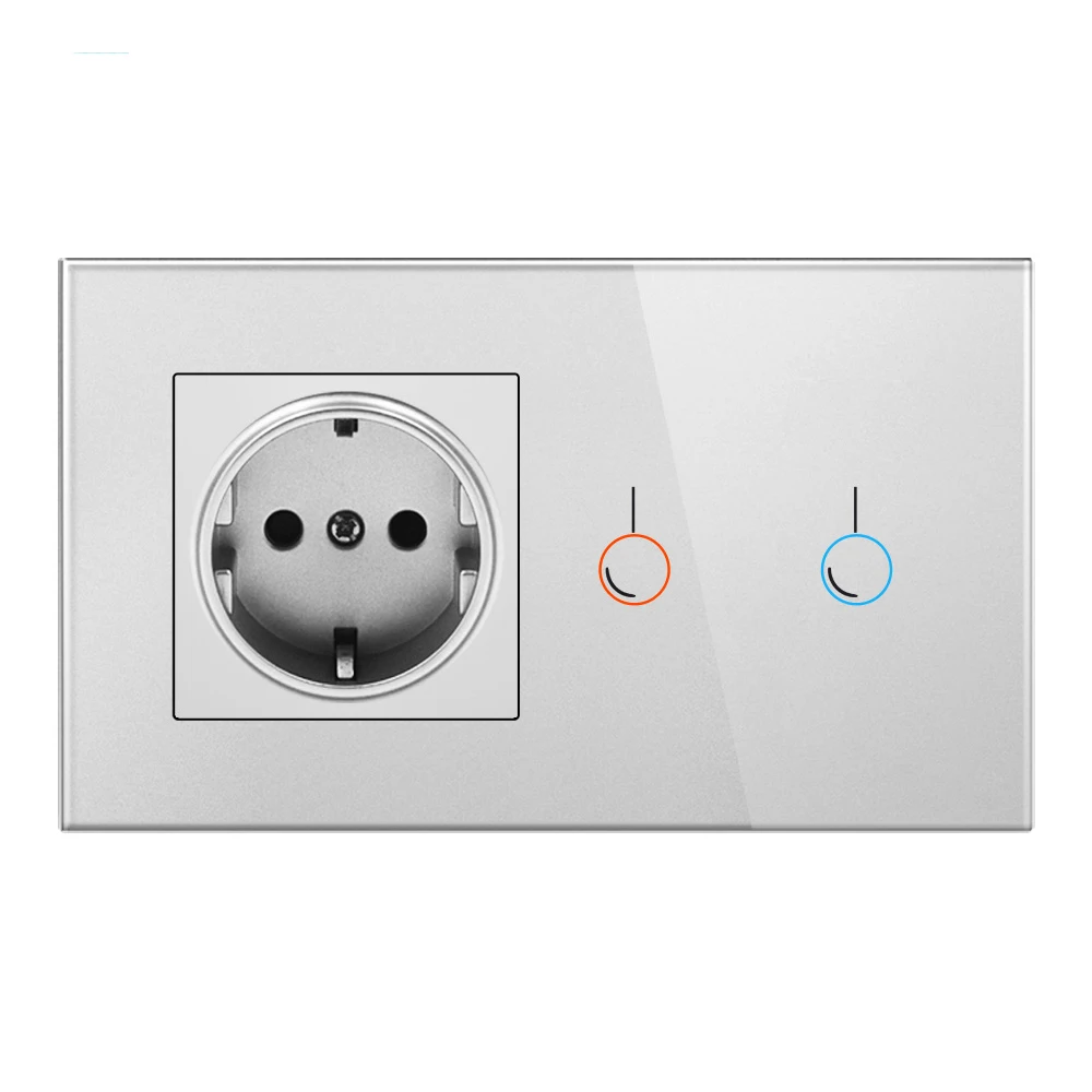 EU standard Touch Switch, White Crystal Glass Panel, AC 170~250V 16A Wall Socket with Light Switch,1 Gang 1 way - Тип: 2 gang 1 way Silver