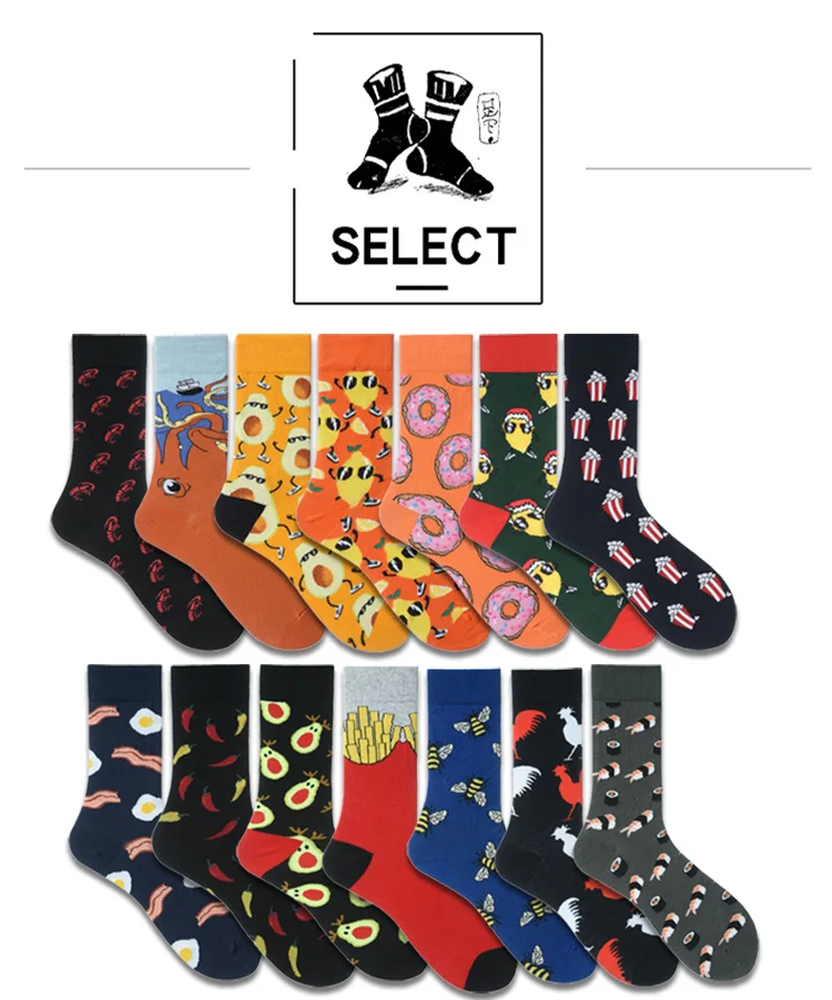 Four season Cotton Socks Men Hip Hop Skateboard Long Sock Casual Colorful Street Fashion Harajuku Man Food Pattern Funny Socks