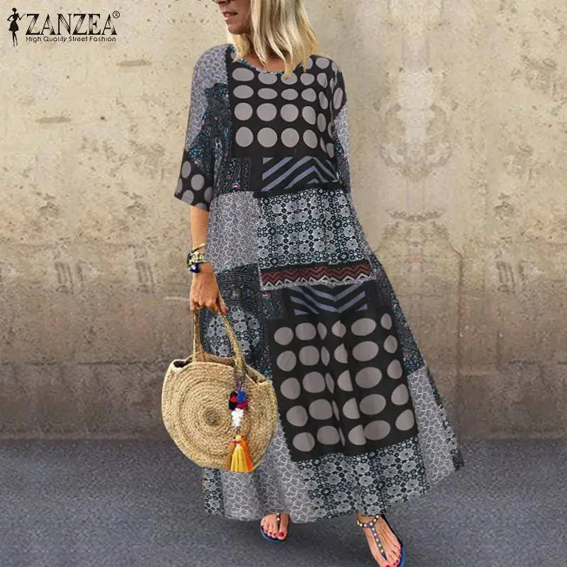 Плюс размер женское летнее платье с принтом ZANZEA повседневное цветочный сарафан с коротким рукавом макси Vestidos женское плиссированное платье Femme 5XL
