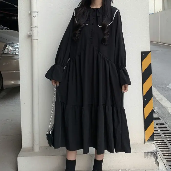 Long Flare Sleeve Dress Women Spring Peter Pan Collar Buttons Elegant Harajuku Black Loose Fashion Lace Up Mid-calf Vestidos New satin dress