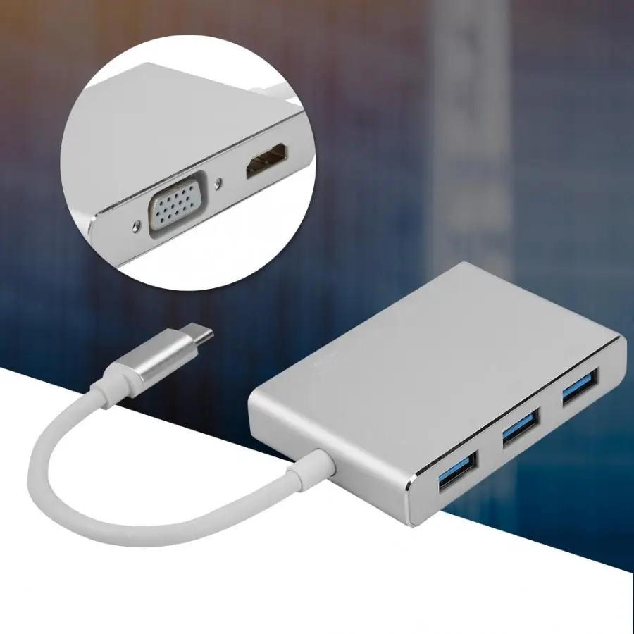 5-в-1 Тип-C на HDMI+ VGA+ USB3.0* 3 многофункциональный конвертер видео адаптер Hub для ноутбука USB-C HDMI адаптеры VGA