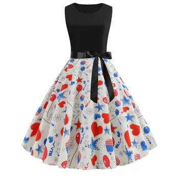 

Photo Shoot Amazon Retro Hepburn Wind Printed Joint Sleeveless Big Hemline Dress Belt Included 3302