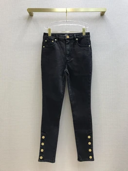 

Luxury Dark Gray Jeans Pants 2020 Early Autumn Women Fashion Simple Metal Buttons Middle High Waisted Cotton Slim Tight Trousers