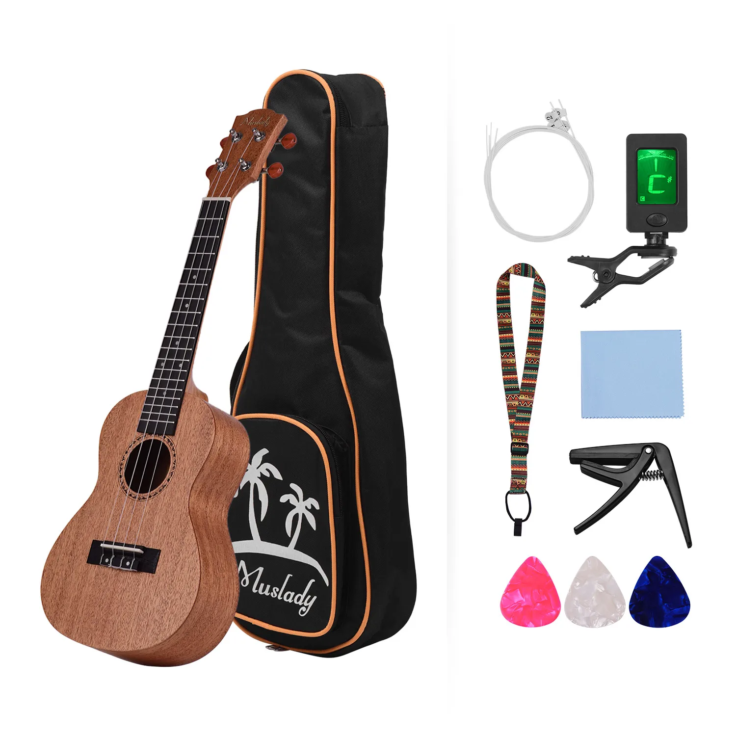 Muslady концертные Гавайские гитары укулеле Тигр Пламя стартовый комплект 23 дюймов Классическая Гитара Голова с Gig Bag тюнер ремень