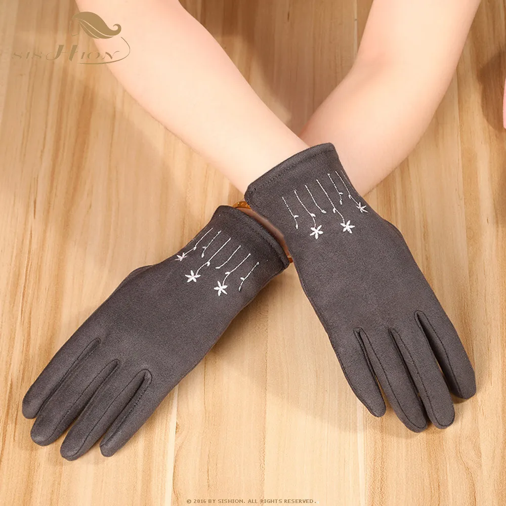 SISHION Ретро звезда вышитые замшевые перчатки с сенсорным экраном осенние и зимние теплые женские зимние водительские перчатки SP0695 - Цвет: Темно-серый