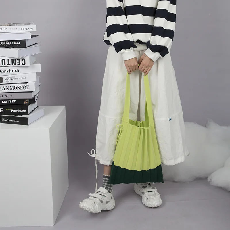 Wool knitting Pleated Bags Patchwork Drawstring Shopping Bags Girls Causal Large Shoulder Bag Korean Japanese Chic Small Handbag