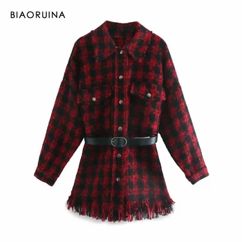 

BIAORUINA Women's Woolen Red Black Plaid Single Breasted Loose Casual Belted Shirt Tassels Hem Fashion Thick Blouse Tops