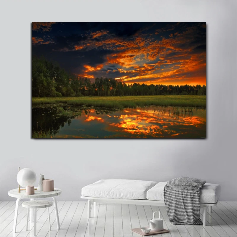 

Nordic Landscape Posters and Prints Forest Clouds Sunset and Lake Canvas Painting Wall Pictures for Living Room Decor Cuadros