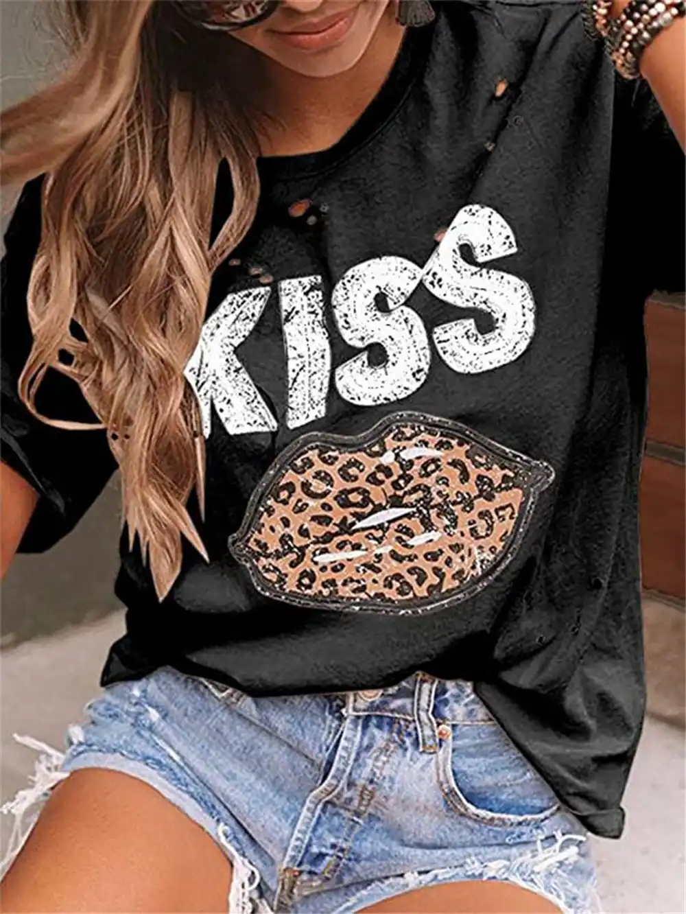 Shakumy Womens Leopard Lips Print Kiss Alphabet Print T Shirt Short Sleeve Summer Casual Loose Fashion Graphic Tees Tops