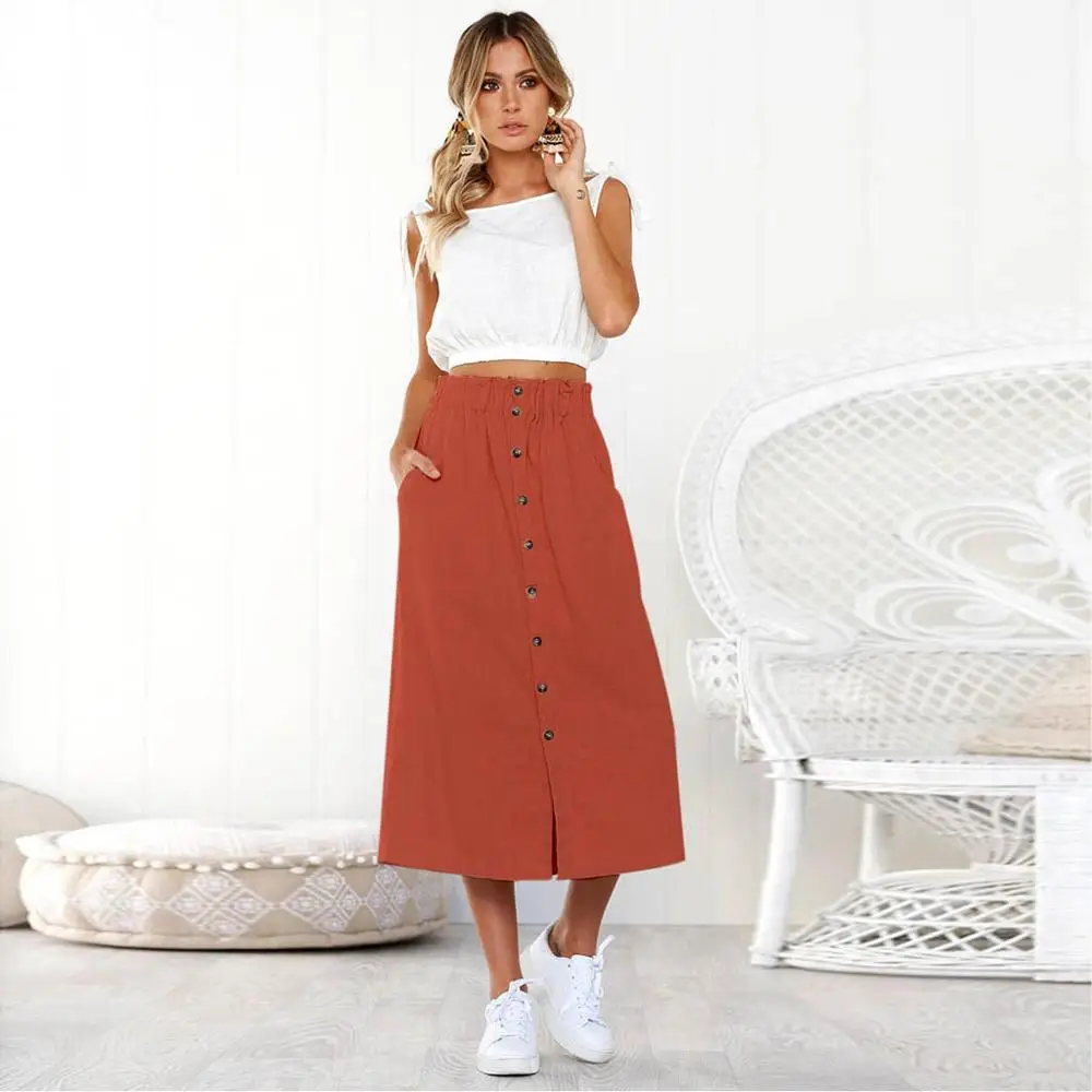 

Summer Autumn Skirts Womens High Waist Line Button Solid Vintage Elegant Womens New Beach Wrap Maxi Long Skirts lange rok #3F
