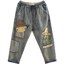 OMIKRON новые женские свободные джинсы с эластичной резинкой на талии, с карманами, винтажный этнический рисунок, Лоскутная Вышивка, повседневные женские джинсовые штаны-шаровары