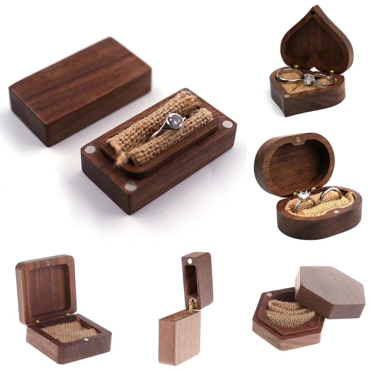 1Pc Wood Engagement Ring Bearer Box Rustic Bride & Groom Wedding Ring Box Pillow Square/Round Gift Wooden Jewelry Box
