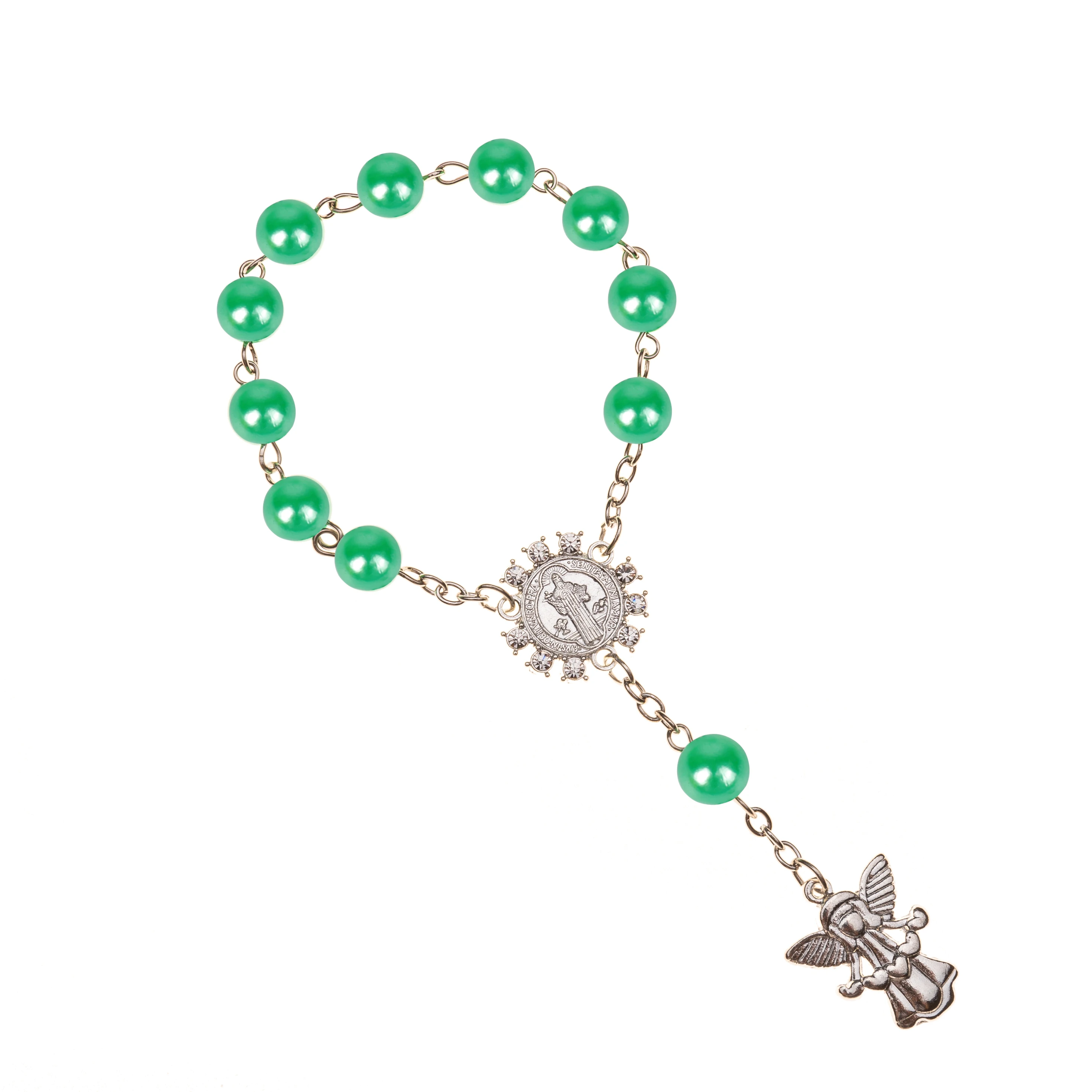 Pearl bracelet 10pcs, imitation pearl beads, Catholic rosary with angel wings pendants