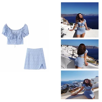 

2020 Women Swimwear Chiffon Tops Retro Ruffled Elegant Blue Floral Skirt Korean Style Puff Sleeves