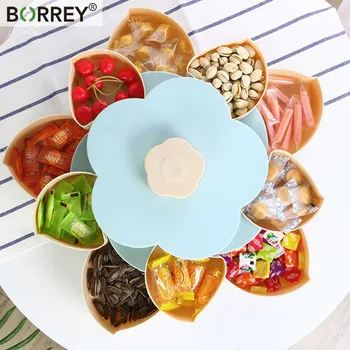 

BORREY Plastic Fruit Dish Double Layers Snack Box Petal-shape Rotating Trays Box Dried Fruit Storage Organizer Box Candy Plates