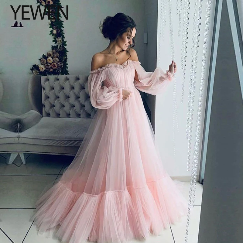 

Higher Quality Long Sleeves Elegant Pink Evening Dress 2020 Prom Gowns YEWEN A Line Custom Made Beautiful Girls Party Dress 2020