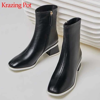 

Krazing pot vintage new arrival natural genuine leather round toe med heels women Chelsea boots zipper concise short boots L7f1