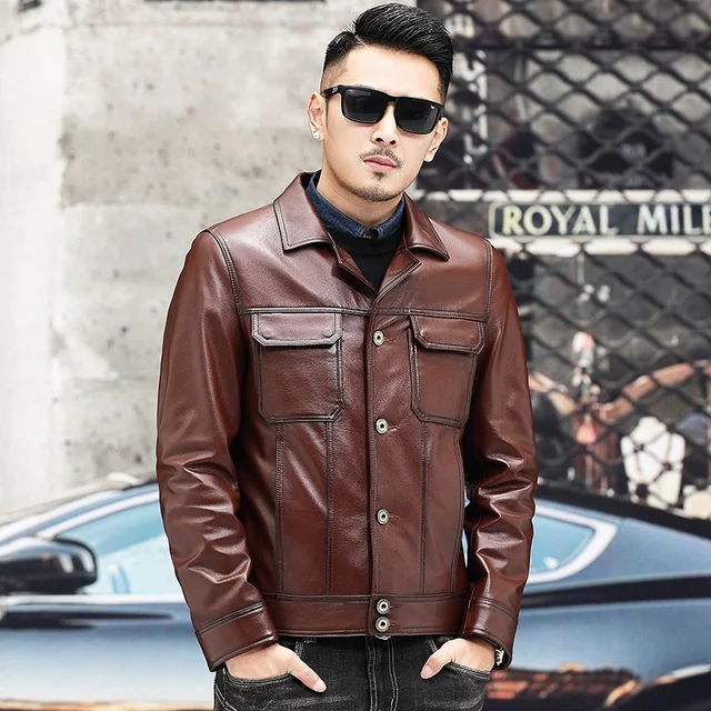 Cowhide Real Jacket Men Black Genuine 