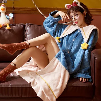 

New Autumn Winter Hooded Women Oversized Sleepwear Robe Night Gown Flannel Warm Bathrobe Cartoon Nightdress Adult Badjas Dames