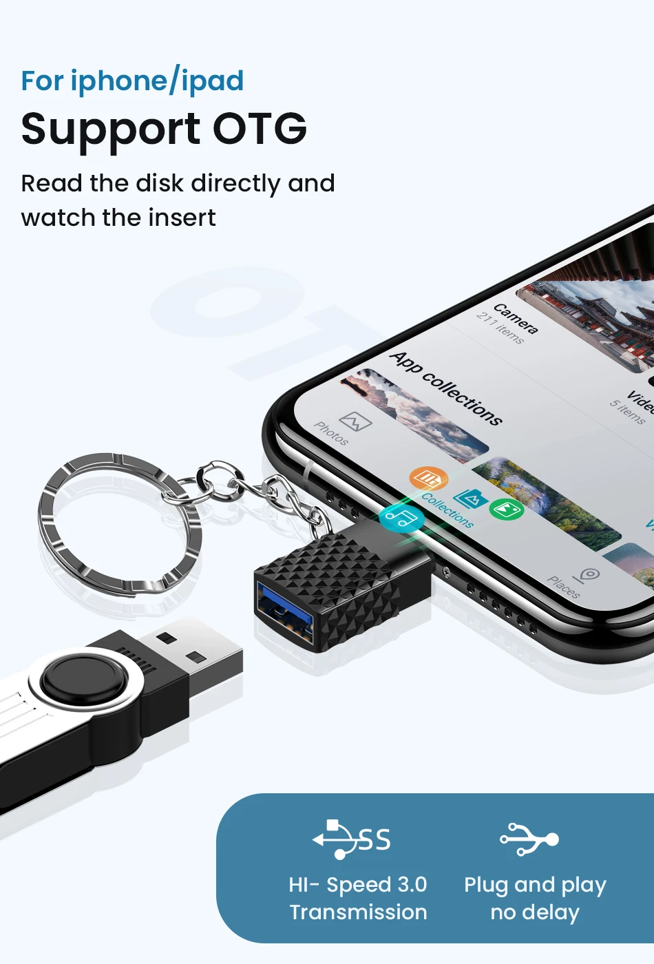 Pinos para Iphone Adaptador com Corrente Chave para Ios Acima do Sistema de Sincronização de Dados 3.0 para Iluminação Mini 14 Adaptador Conversor Usb 8 Otg 13 2 para iphone otg adaptador com corrente chave