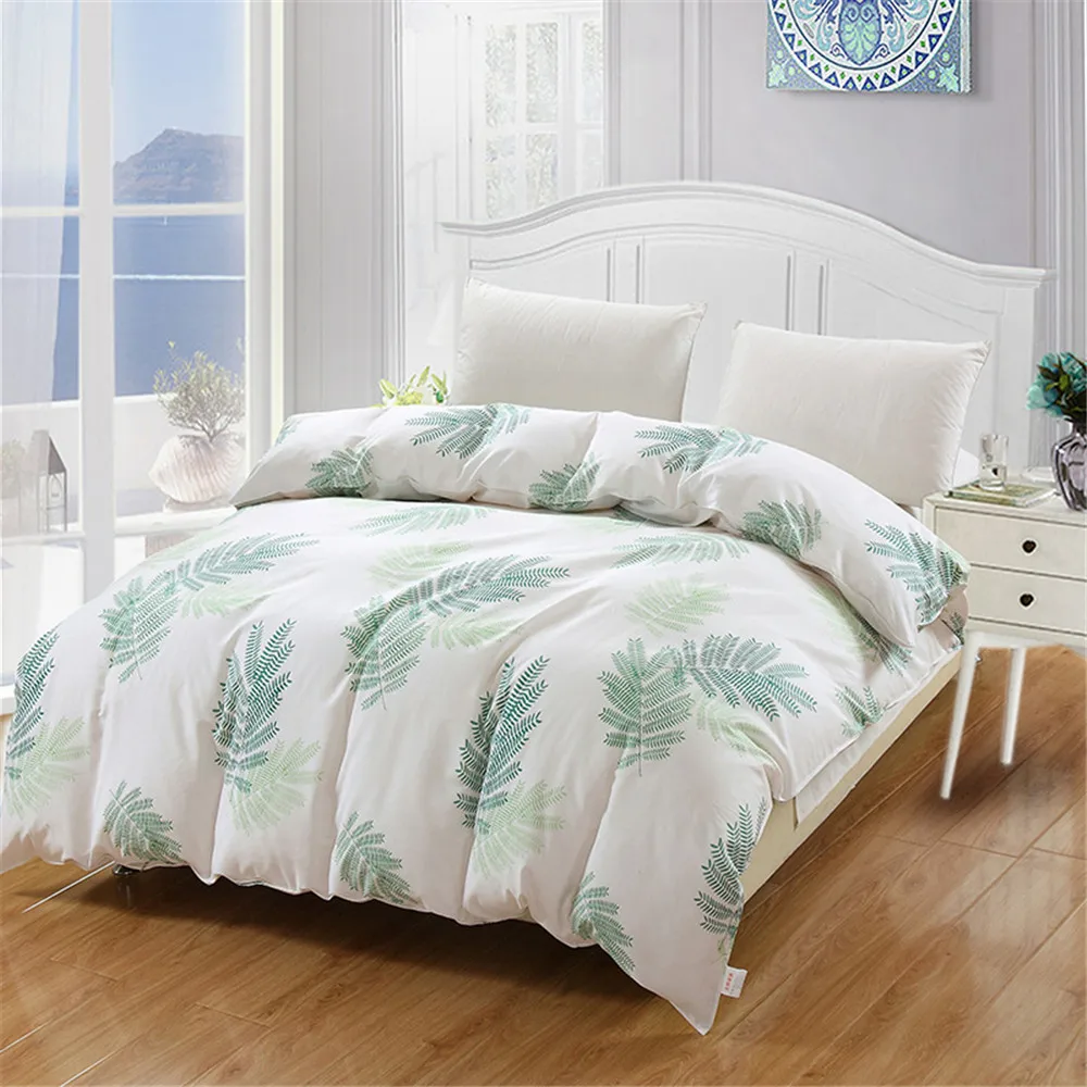 

100% Egyptian Cotton fashion Silky Bohemia white green Leaf quilt cover printed twin full Queen King size Duvet cover adult gift
