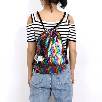 

Newly Sequin Drawstring Bags Reversible Sequin Backpack Glittering Shoulder Bags for Girls Women DOD886
