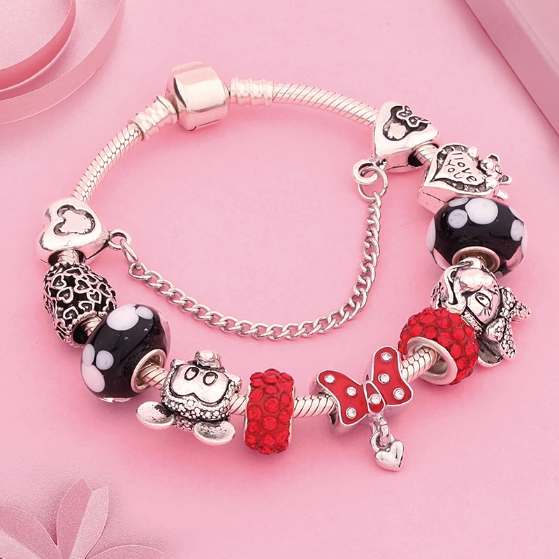 Leabyl Pulseras con abalorios de Minnie y Bowknot para brazalete cuentas de animales de dibujos animados, joyería DIY, cristal rojo, nuevo diseño|Pulseras de amuleto| - AliExpress