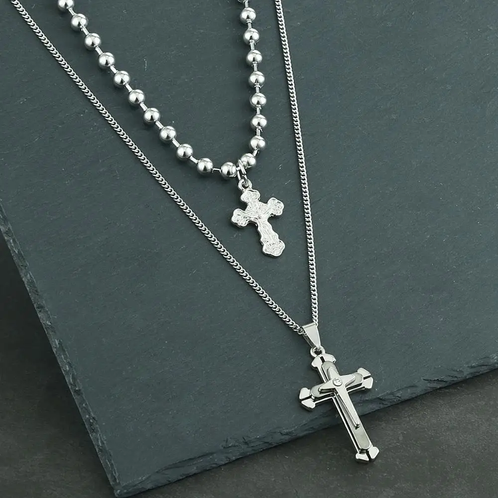 2 Styles Silver Color Beads Chain Cross 