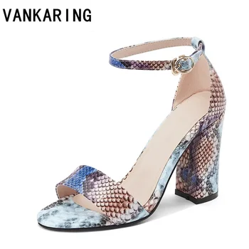 

women sexy blue snakeskin print microfiber thick high heel pumps ankle strap heels patchwork party dress shoes woman footwears
