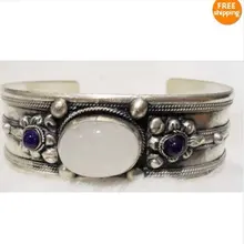 Китайский тибетский Серебристый браслет с инкрустацией лунным камнем