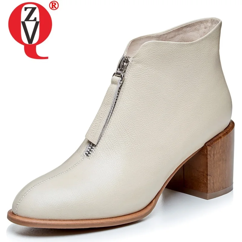 

ZVQ autumn new fashion sexy ankle boots outside high heels genuine leather round toe front zip work women shoes drop shipping