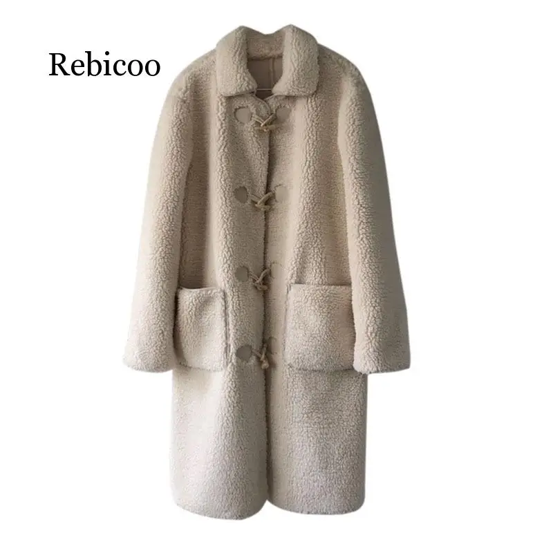 

Milk-white lamb wool overcoat in winter with thicker lapel and long Plush jacket windbreaker long coat woman
