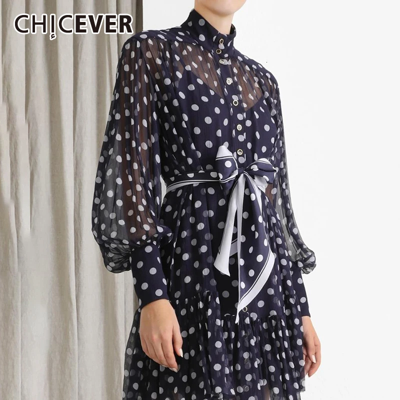 CHICEVER/платье в горошек с бантом женское платье со стоячим воротником и