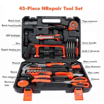 

45 pcs Garage and Home Tool Kit with Claw Hammer Wrench Pliers Screw Bits Tool Set in Box For Home Office Yard garden use
