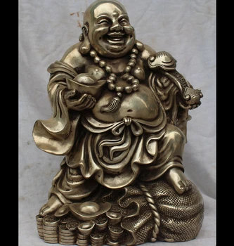 

zhao6868 zhmeru0028@12" Silver Wealth Happy Laugh Maitreya Buddha Hold Ruyi Yuanbao Statue