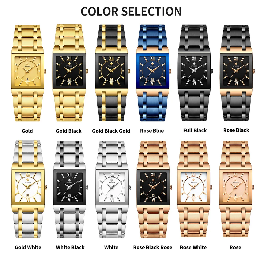 Relogio Masculino WWOOR Gold Watch Men Square Mens Watches Top Brand Luxury Golden Quartz Stainless Steel Waterproof Wrist Watch 5