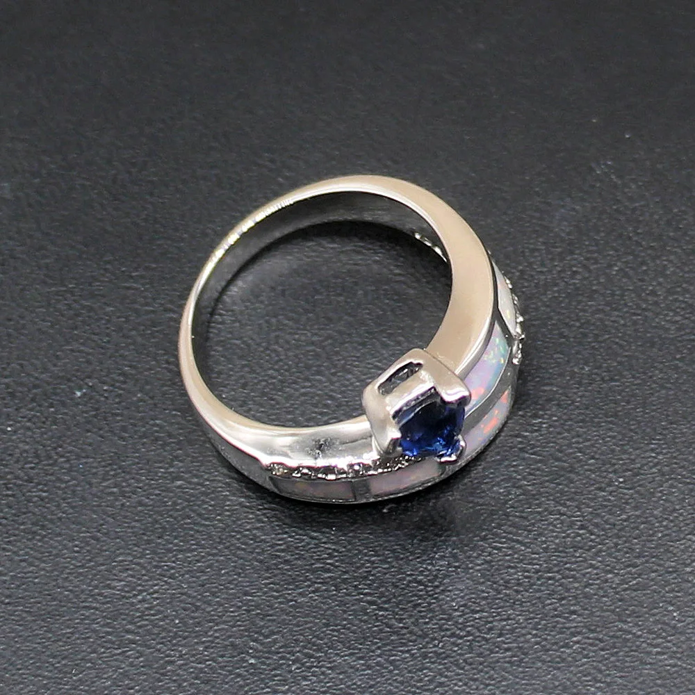 Gemstonefactory Jewelry Big Promotion Single Unique 925 Silver Blue Sapphire White Opal Women Girls Gifts Band Rings 6# 20214429