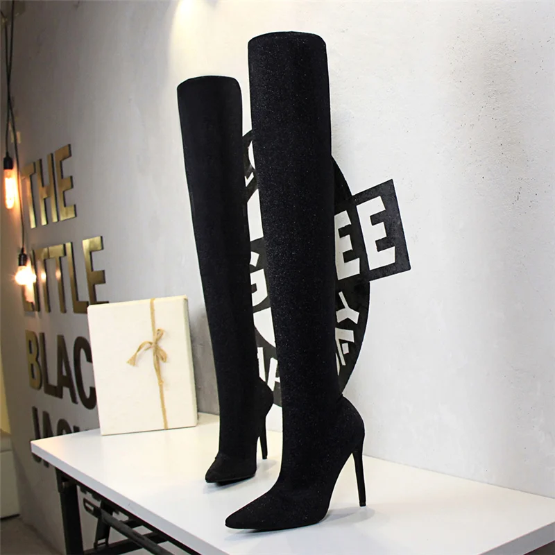 Spring Sexy Women Glitter Over The Knee Boots Winter Bling Thigh Knee High Boots Stiletto Heels Long Sock Boots Party Shoes - Color: Black