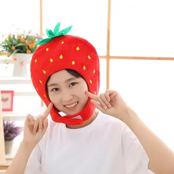 

New Cartoon Adult Funny Red Strawberry plush doll hat pillow Keep Warm Plush Head Hat Headgear Headdres Children Fruit Plush Toy
