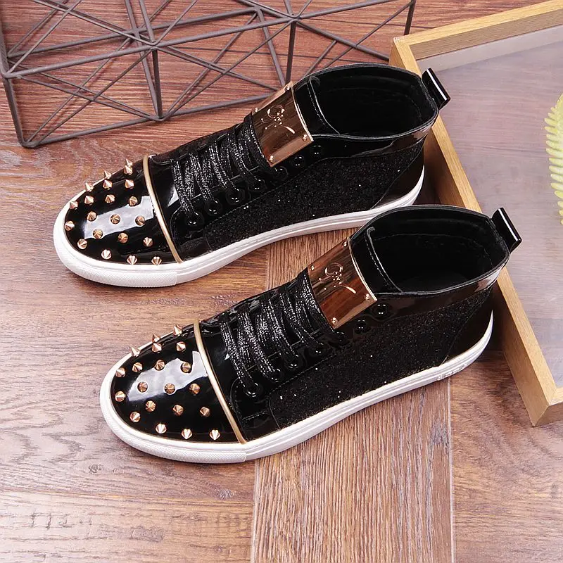 Fashion men sequins rivet Sheet metal Casual Platform high top shoes Flats Male Designer prom Dress Loafers Shoes zapatos hombre