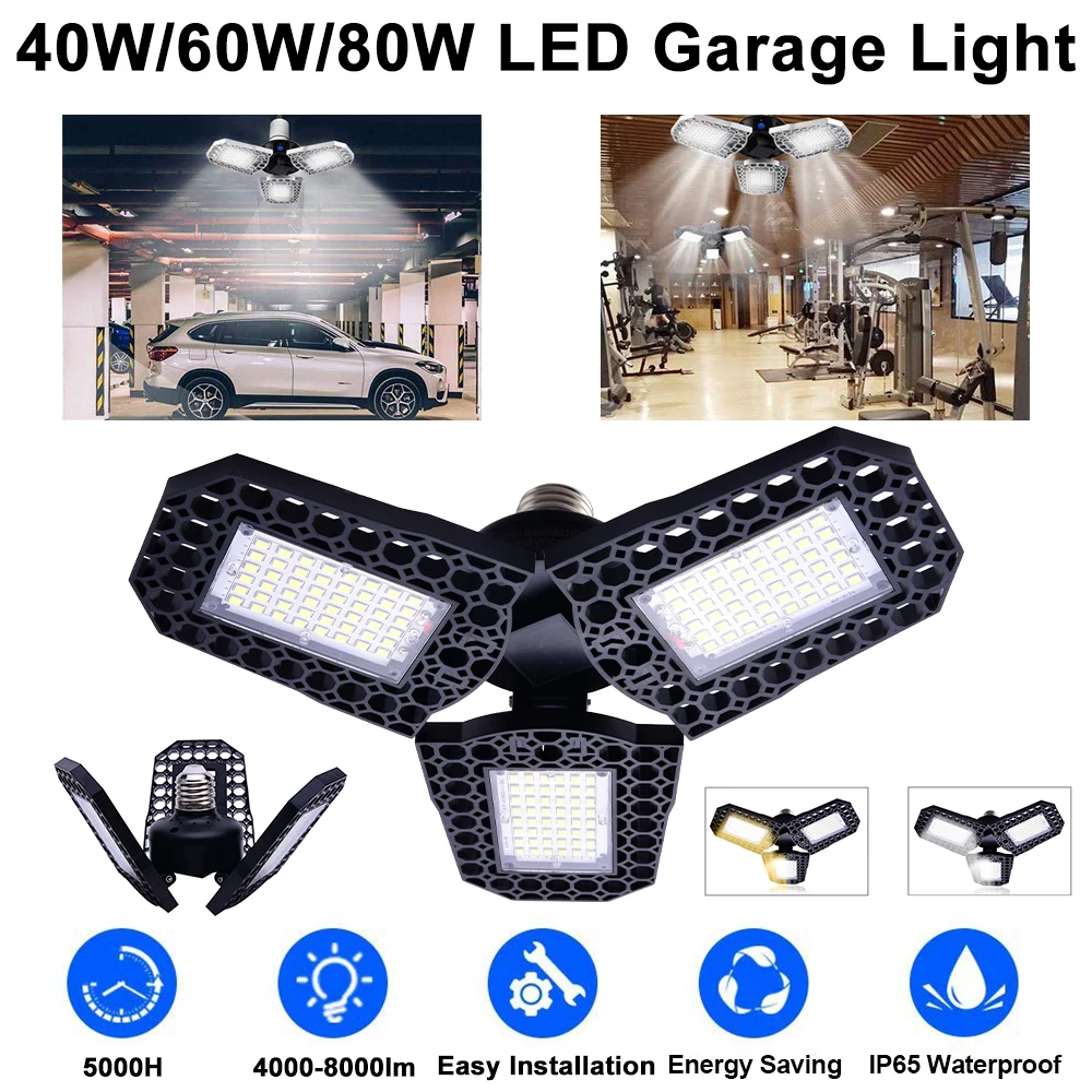 LED Garage Lights Deformable LED Garage Lights 40W-80W Ultra-Bright IP65 Ceiling Light Bulb for Garage Workshop Warehouse D30
