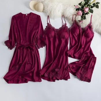 

Burgundy Pajamas Set Rayon Kimono Robe Female Sexy Lace 4PCS Bathrobe Sleepwear Spring Bride Wedding Dressing Gown Nightgown